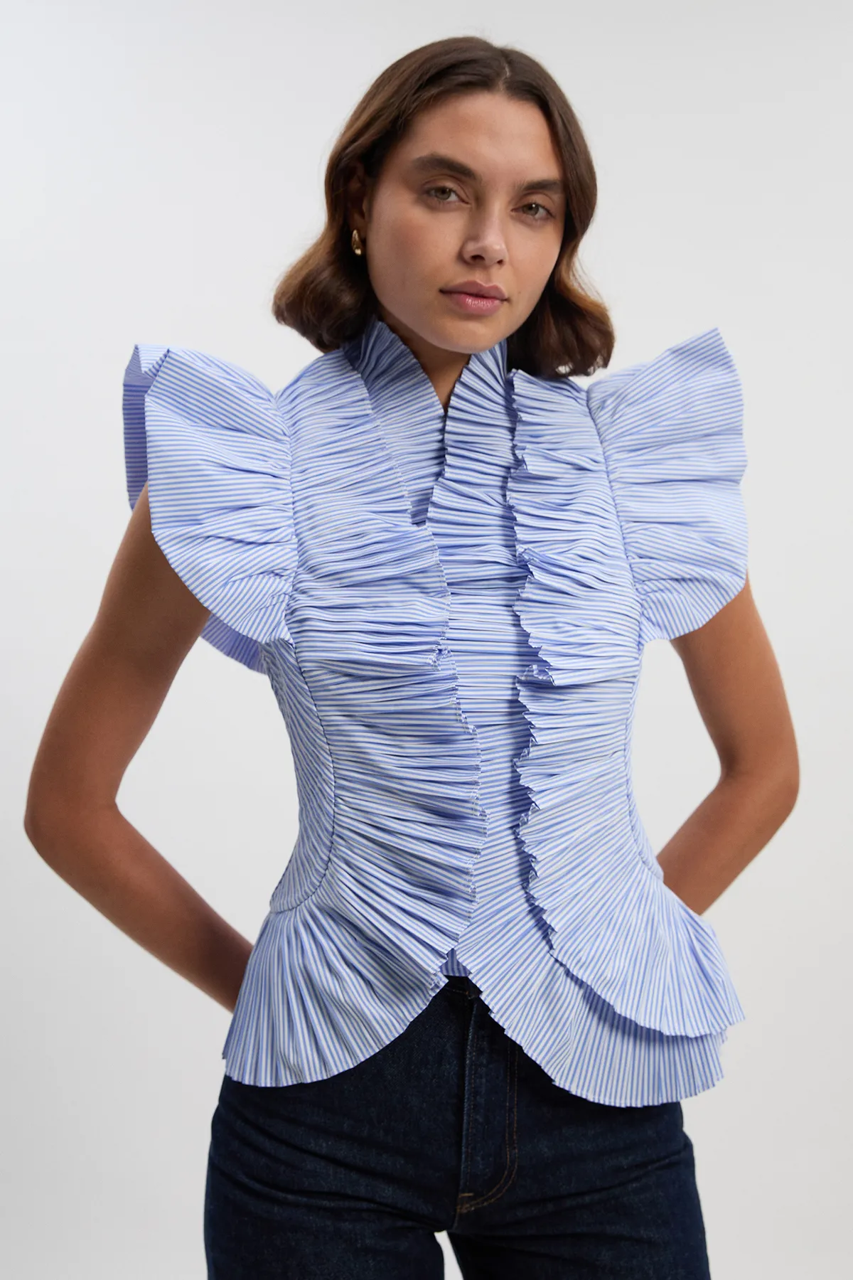 Stripe Pleated Ruffle Sleeve Woven Top BKK26523