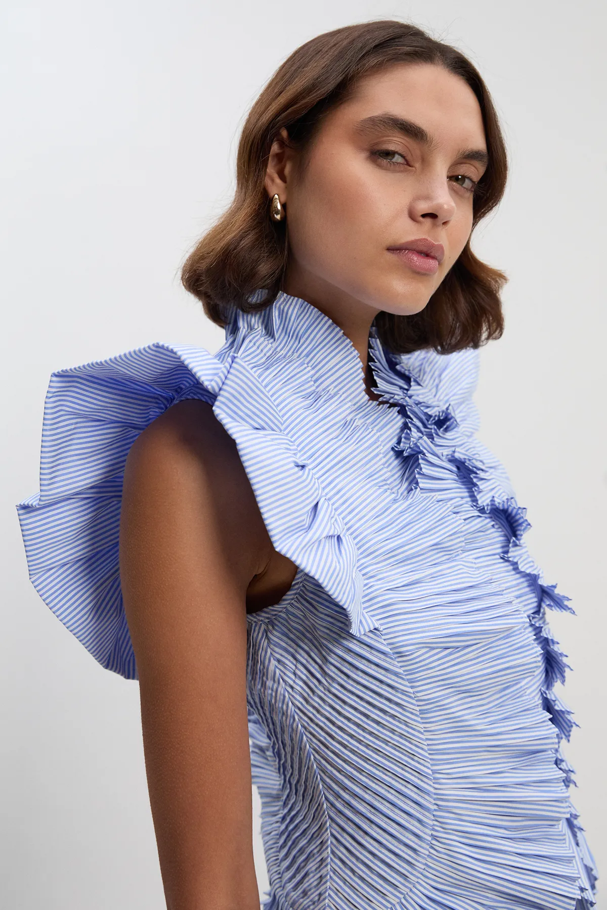 Stripe Pleated Ruffle Sleeve Woven Top BKK26523