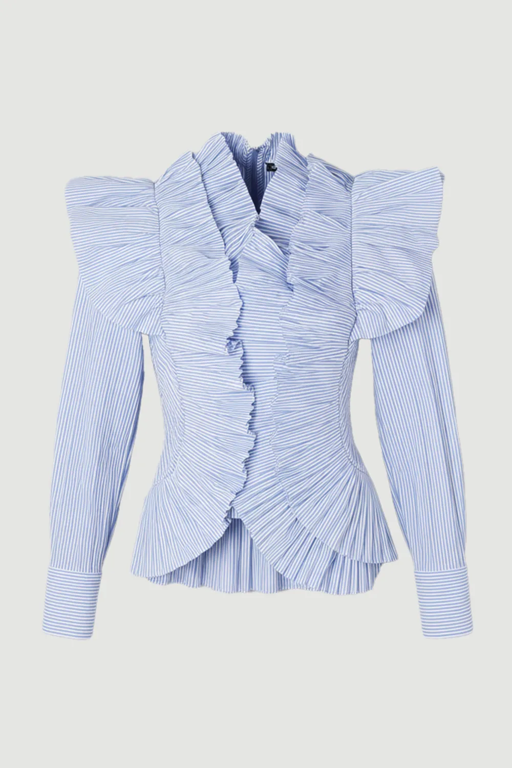 Stripe Pleated Ruffle Sleeve Woven Top BKK26523