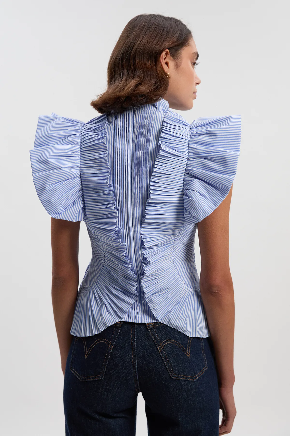 Stripe Pleated Ruffle Sleeve Woven Top BKK26523