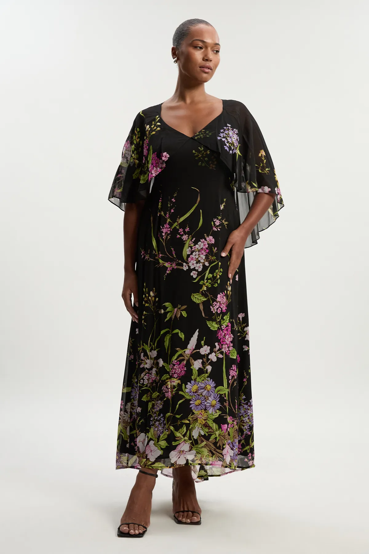 Plus Size Floral Border Print Viscose Woven Cape Sleeve Maxi Dress BKK26524
