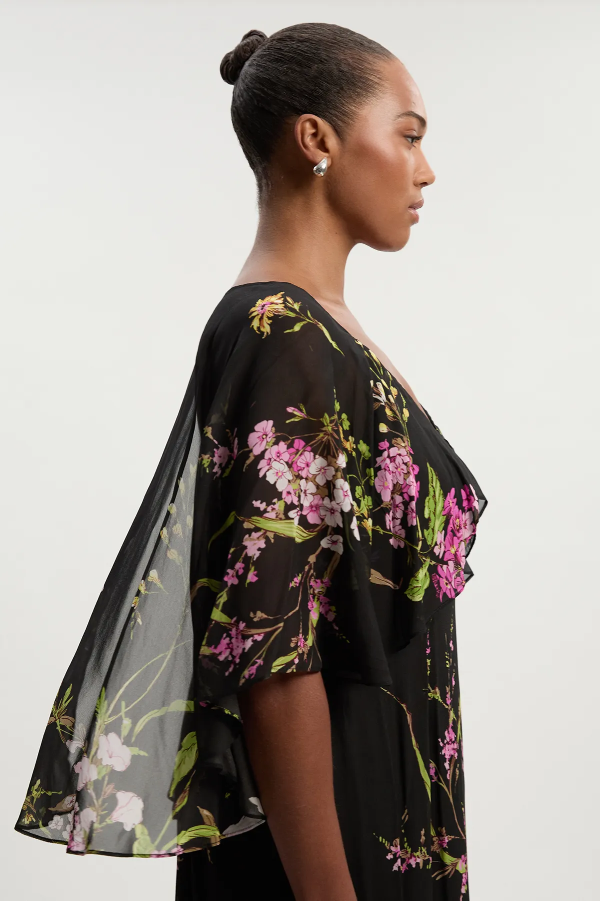 Plus Size Floral Border Print Viscose Woven Cape Sleeve Maxi Dress BKK26524