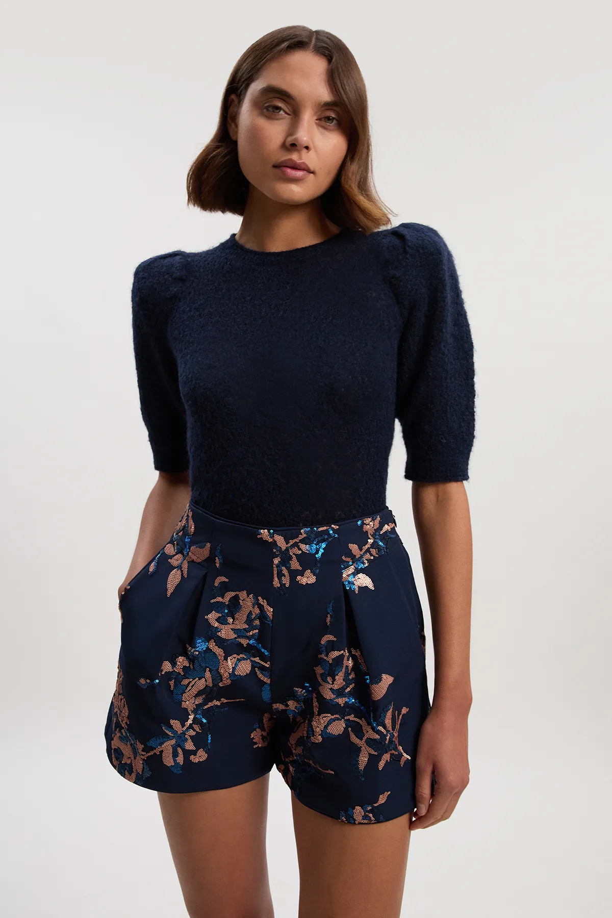 Satin Sequin And Embroidered Woven Shorts BKK26527