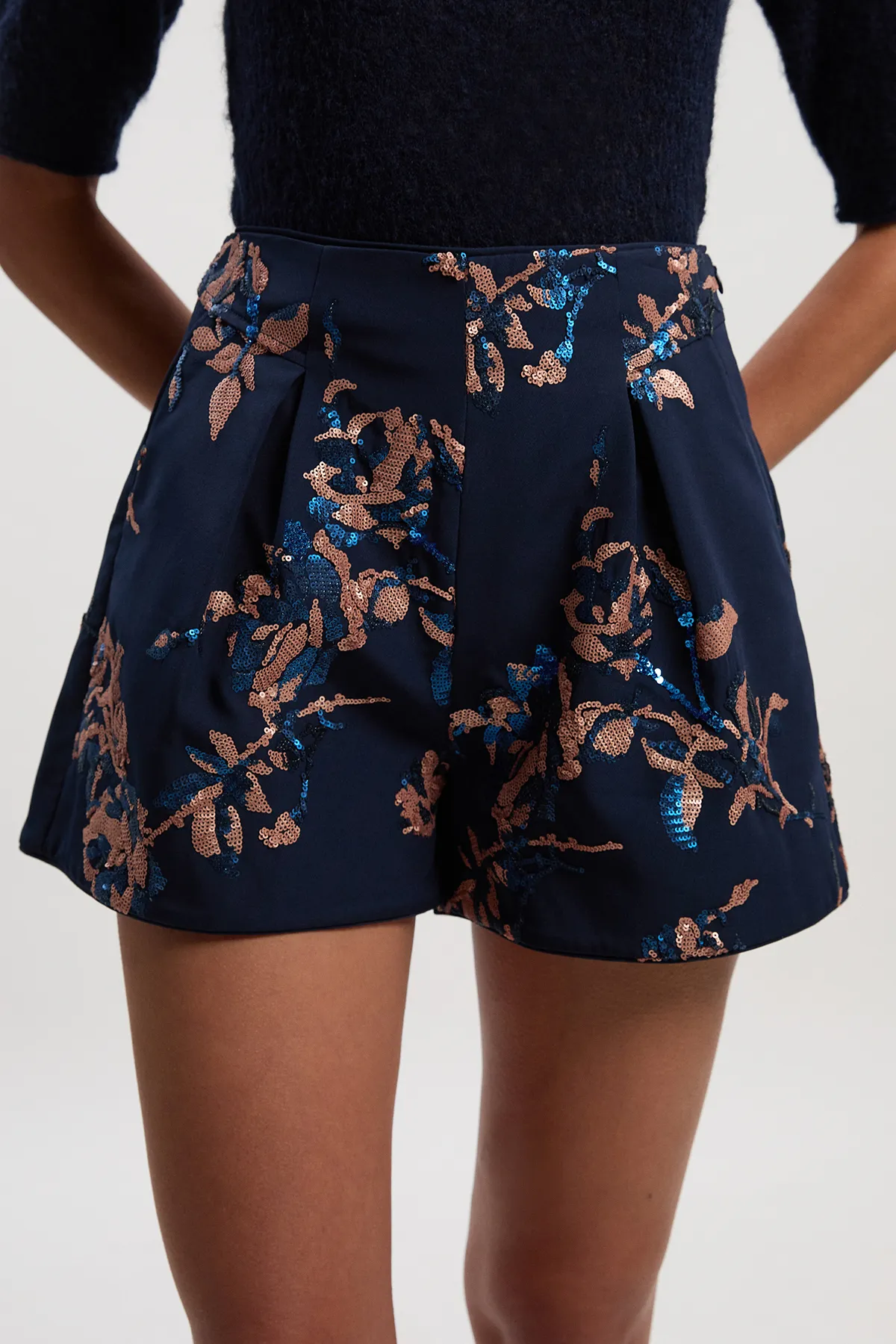 Satin Sequin And Embroidered Woven Shorts BKK26527