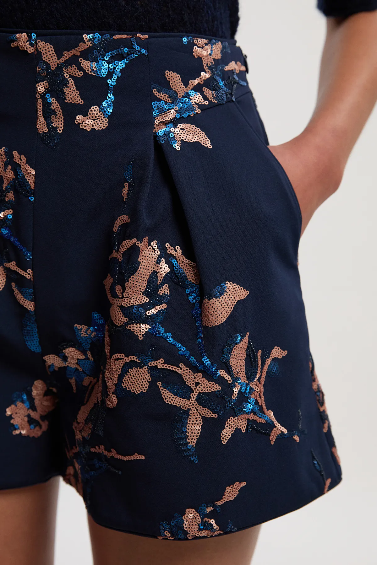 Satin Sequin And Embroidered Woven Shorts BKK26527