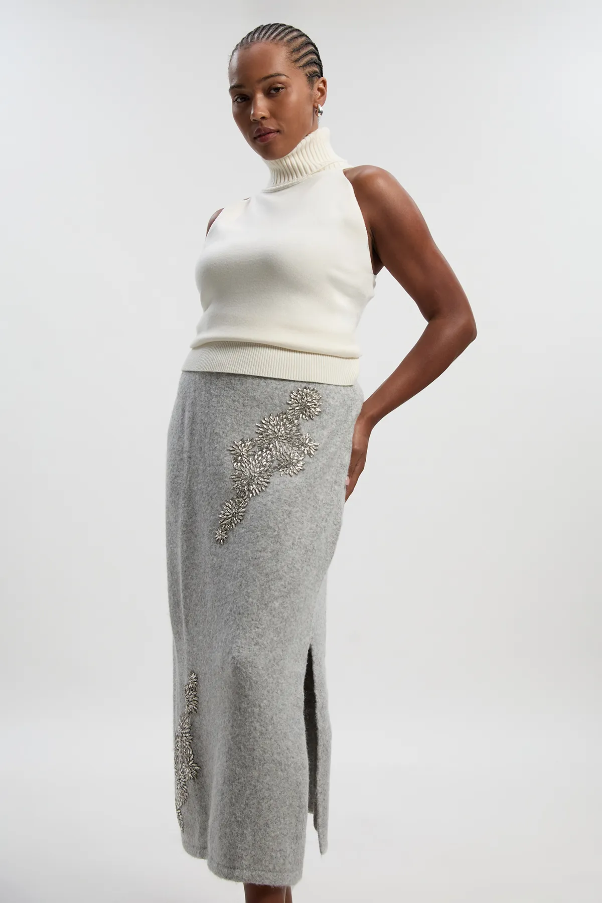 Plus Size Wool Blend Embellished Cosy Pencil Midi Skirt BKK26541