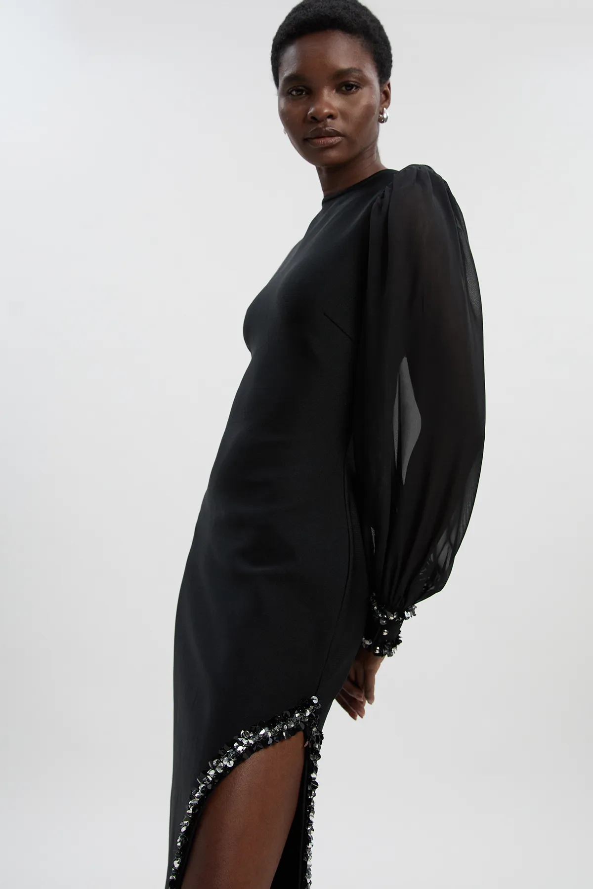 Embellished Figure Form And Chiffon Sleeve Midi Dress BKK26547