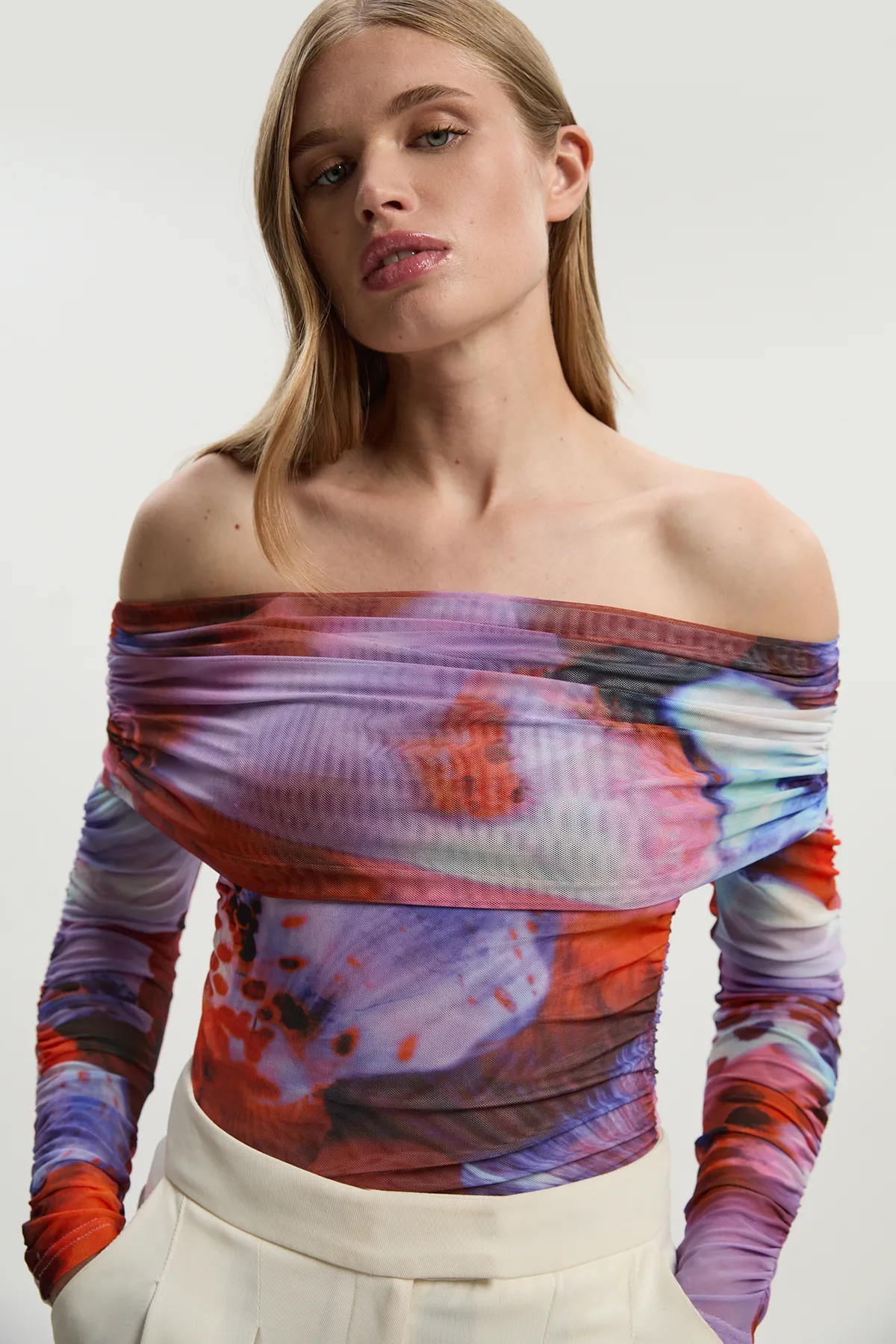 Floral Printed Mesh Off The Shoulder Bodysuit BKK26557