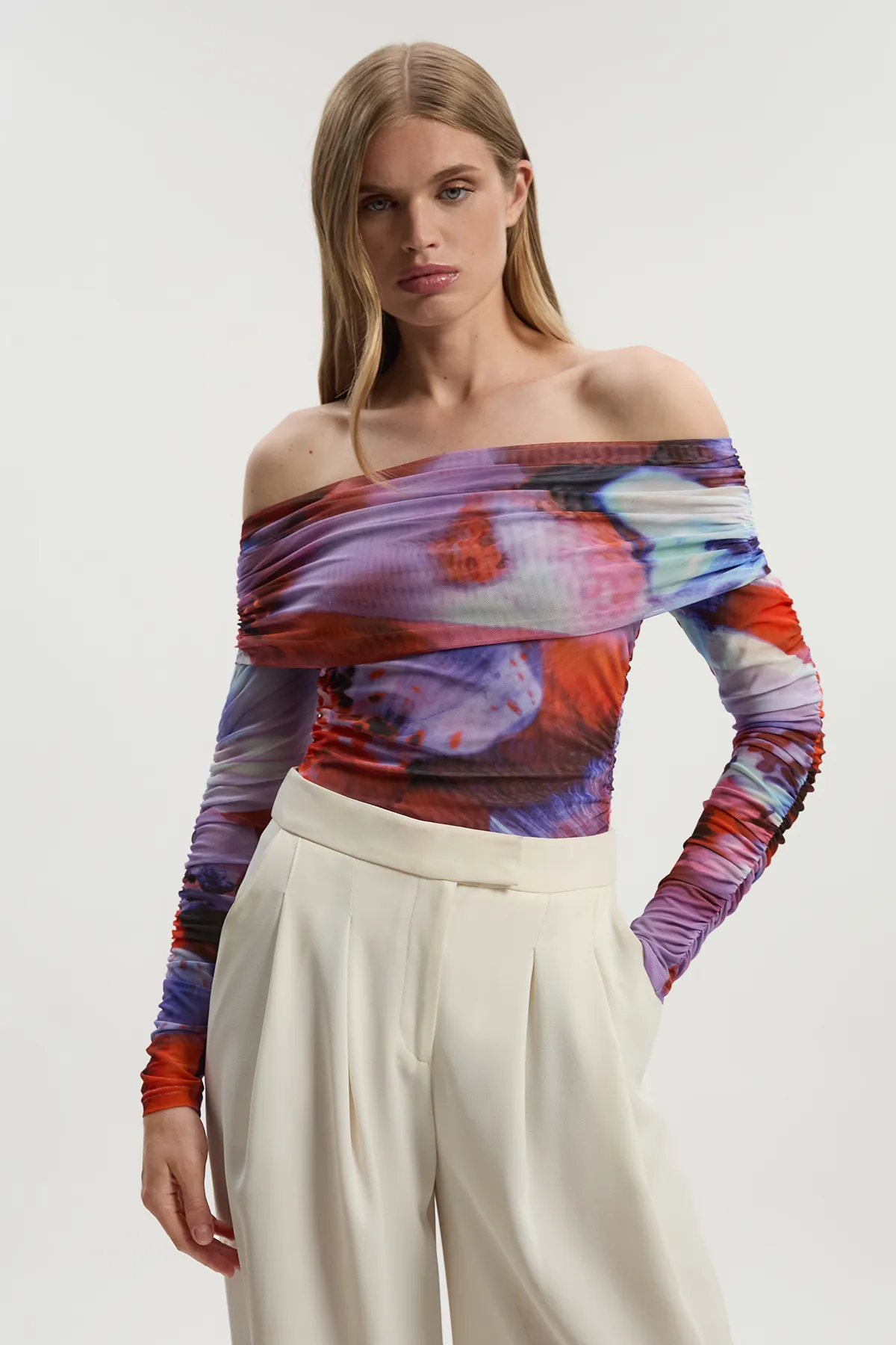 Floral Printed Mesh Off The Shoulder Bodysuit BKK26557