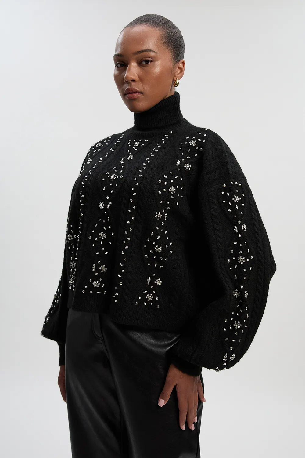 Plus Size Wool Blend Embellished Cable Knit Sweater BKK26575