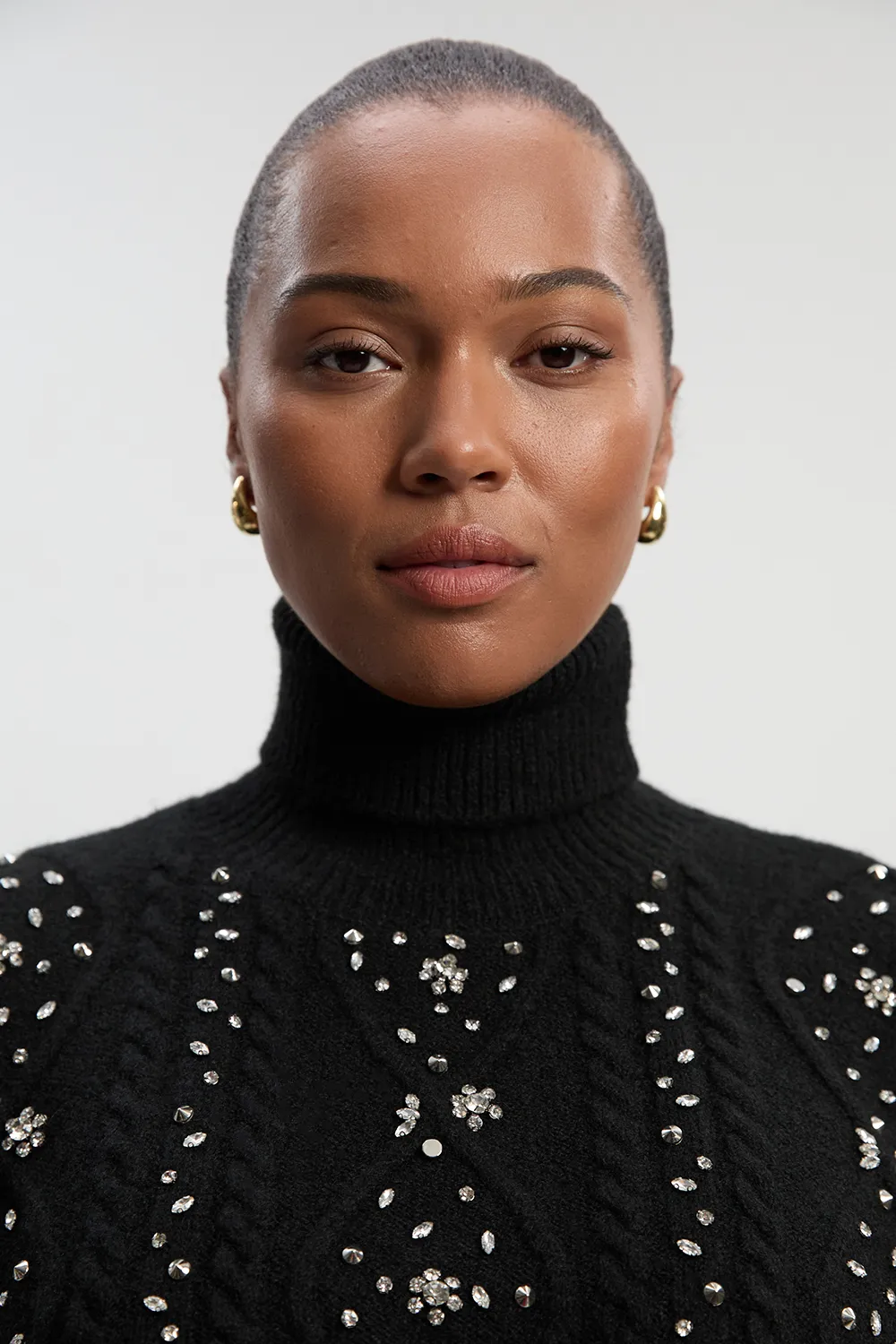 Plus Size Wool Blend Embellished Cable Knit Sweater BKK26575