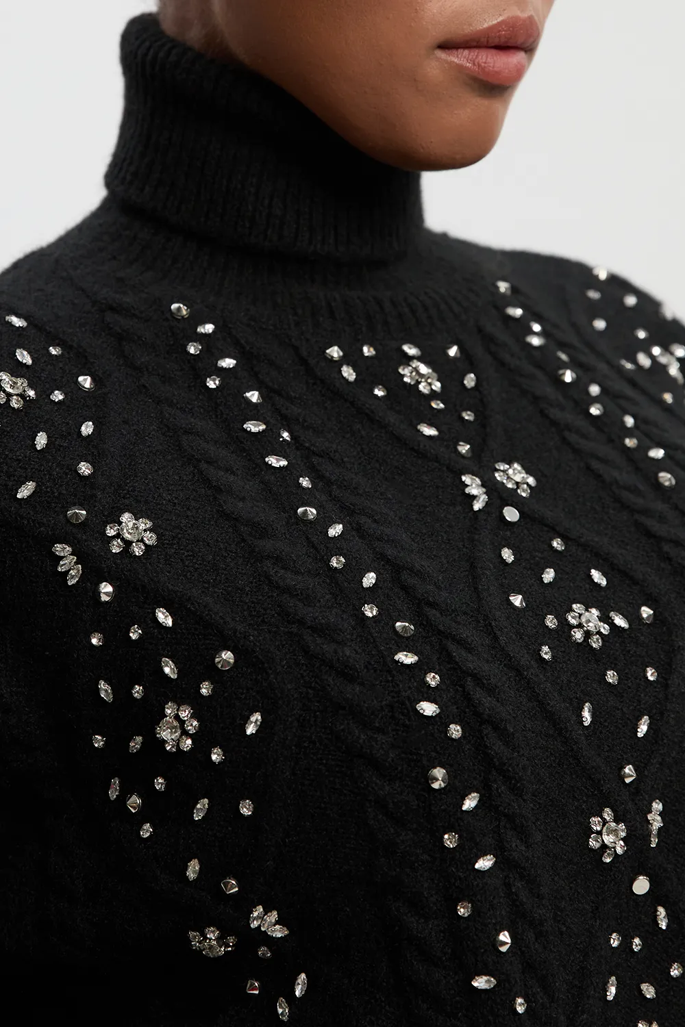 Plus Size Wool Blend Embellished Cable Knit Sweater BKK26575