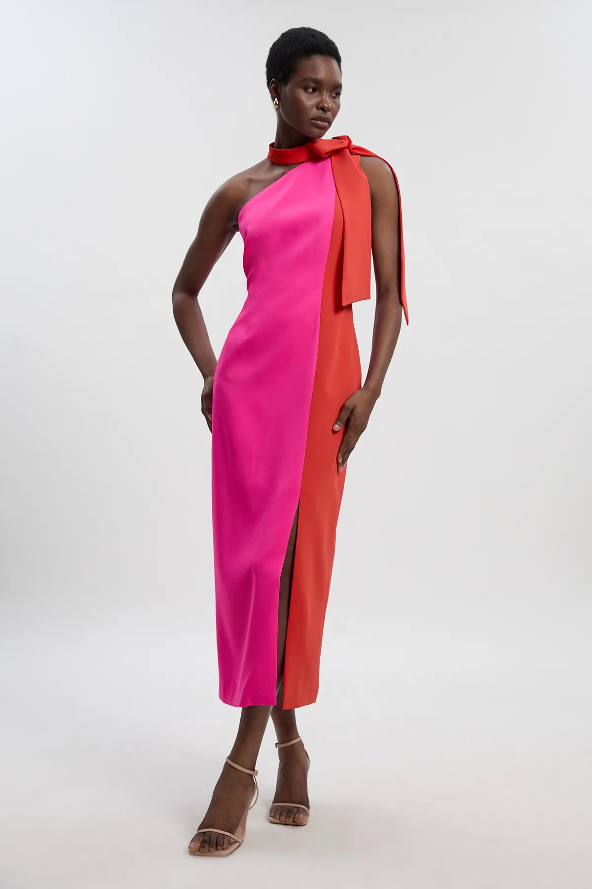 Petite Soft Tailored Color Block Bow Tie Neck Midi Dress BKK26600