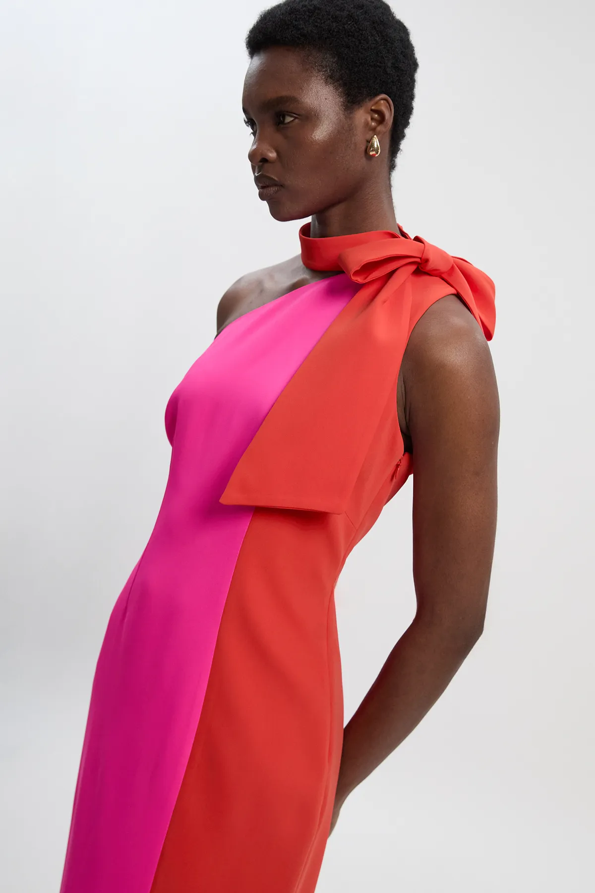 Petite Soft Tailored Color Block Bow Tie Neck Midi Dress BKK26600 3 Petite Soft Tailored Color Block Bow Tie Neck Midi Dress BKK26600