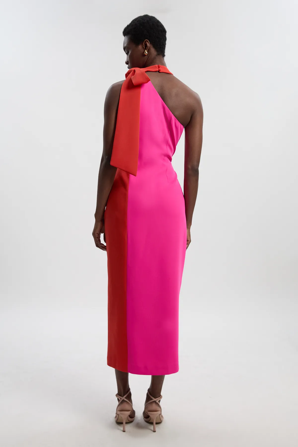 Petite Soft Tailored Color Block Bow Tie Neck Midi Dress BKK26600 4 Petite Soft Tailored Color Block Bow Tie Neck Midi Dress BKK26600