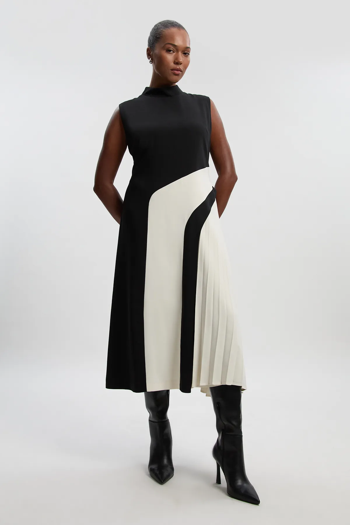 Plus Size Soft Tailored Colour Block High Neck Pleated Midi Dress BKK26601