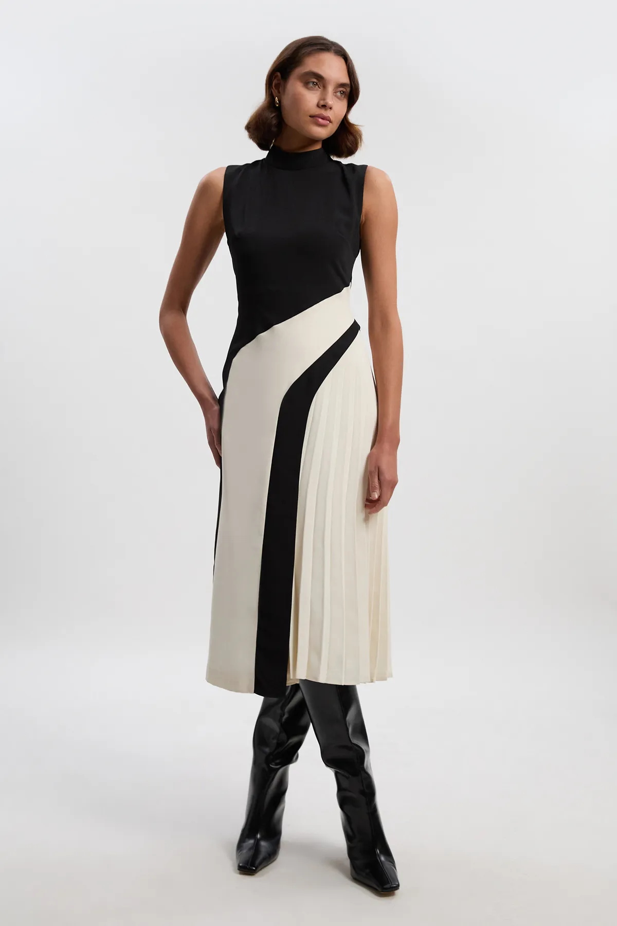 Petite Soft Tailored Color Block High Neck Pleated Midi Dress BKK26603