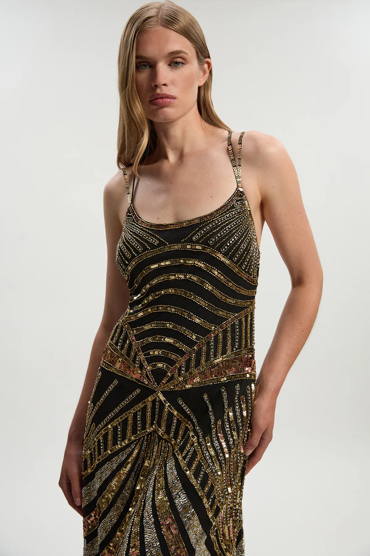 Premium Mirrored Crystal Embellished Woven Prom Dress BKK26631