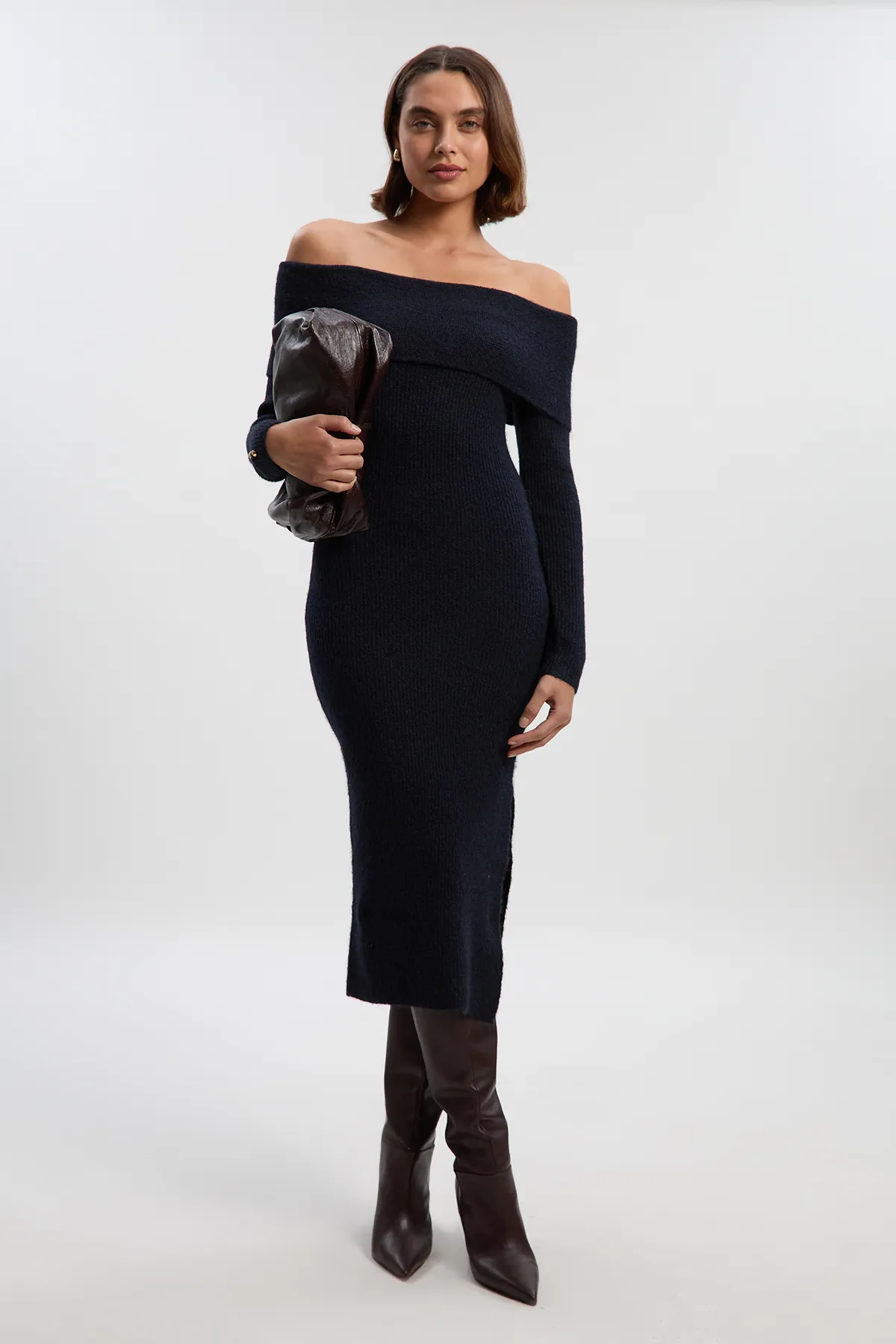 Petite Wool Blend Cozy Off The Shoulder Knit Midi Dress BKK26638