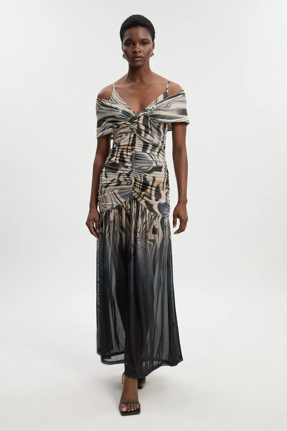 Marble Print Mesh Plunge Strappy Detail Maxi Dress BKK26664