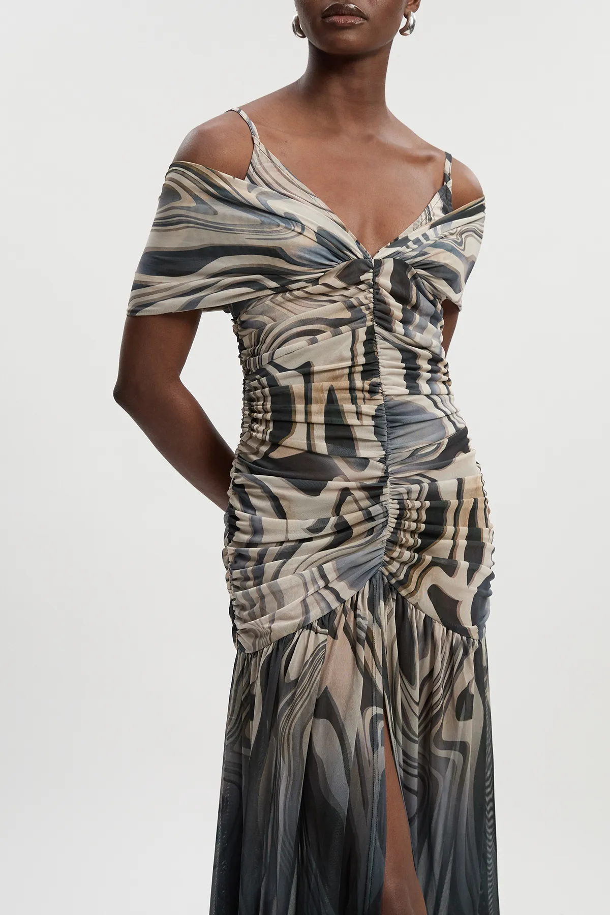 Marble Print Mesh Plunge Strappy Detail Maxi Dress BKK26664