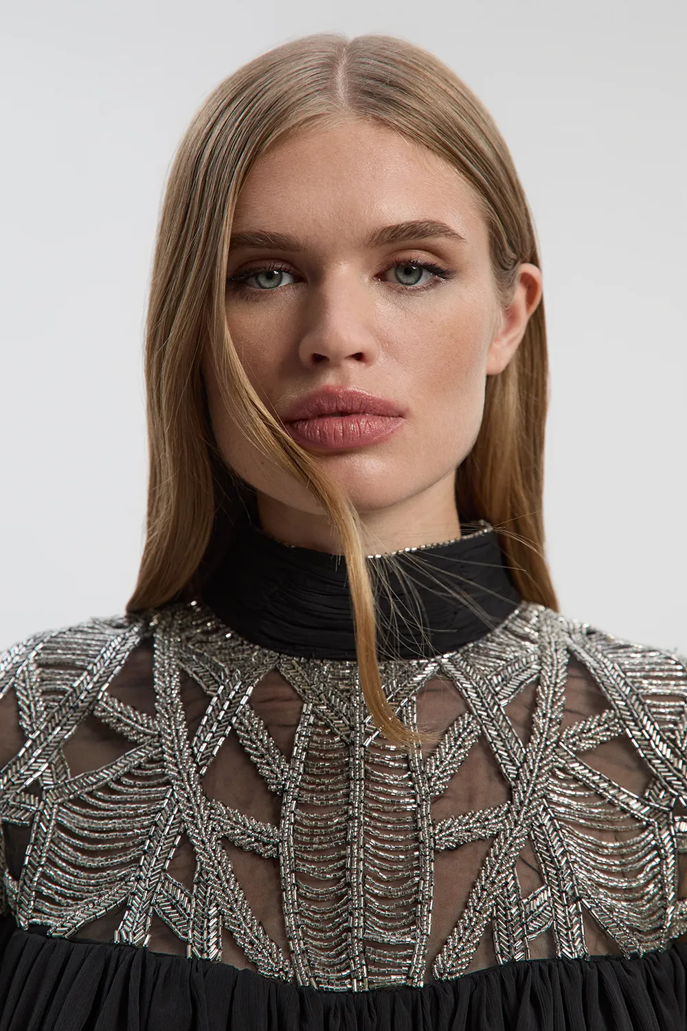 Crystal Embellished Cutwork Cape Detail Woven Drama Blouse BKK26704