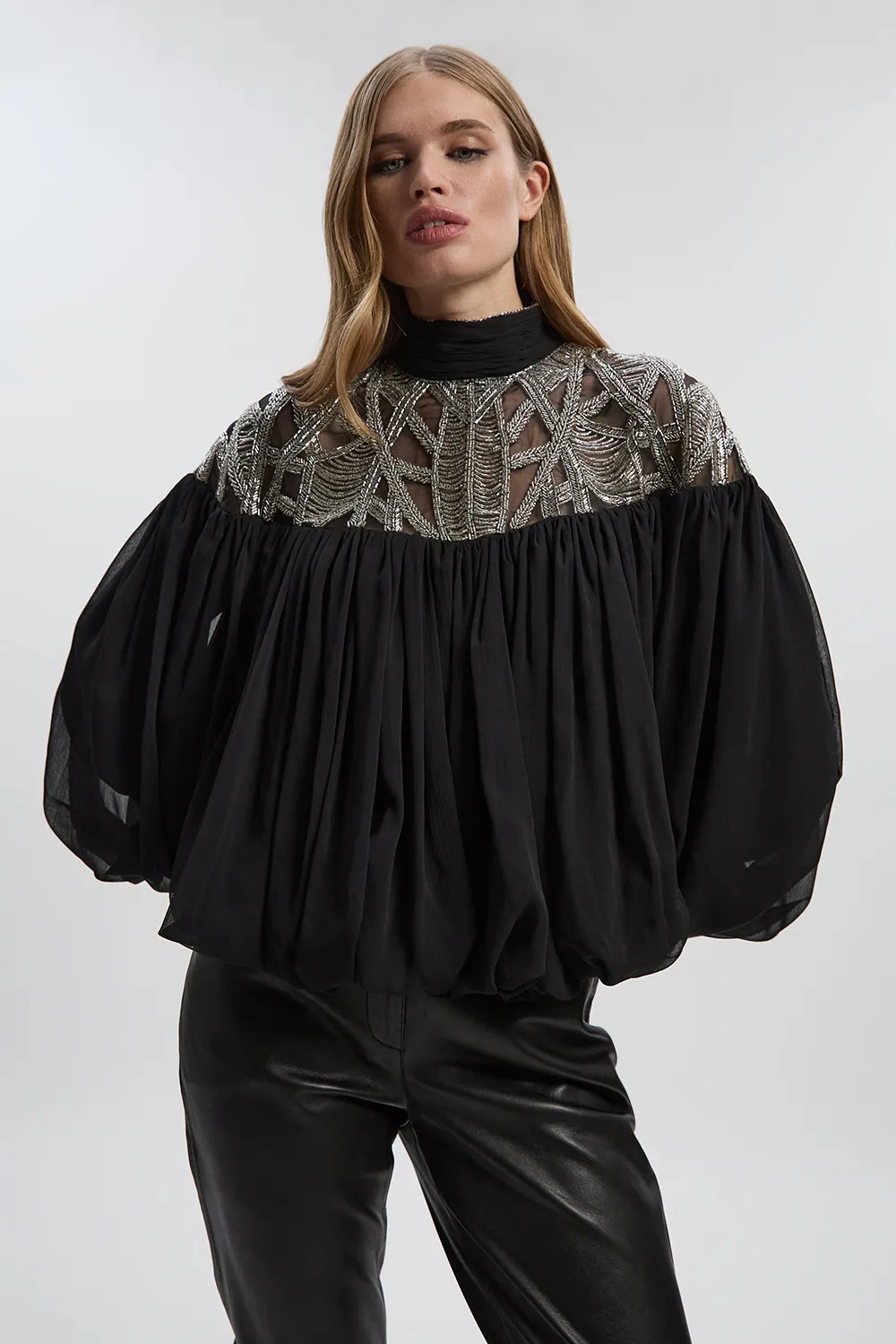 Crystal Embellished Cutwork Cape Detail Woven Drama Blouse BKK26704