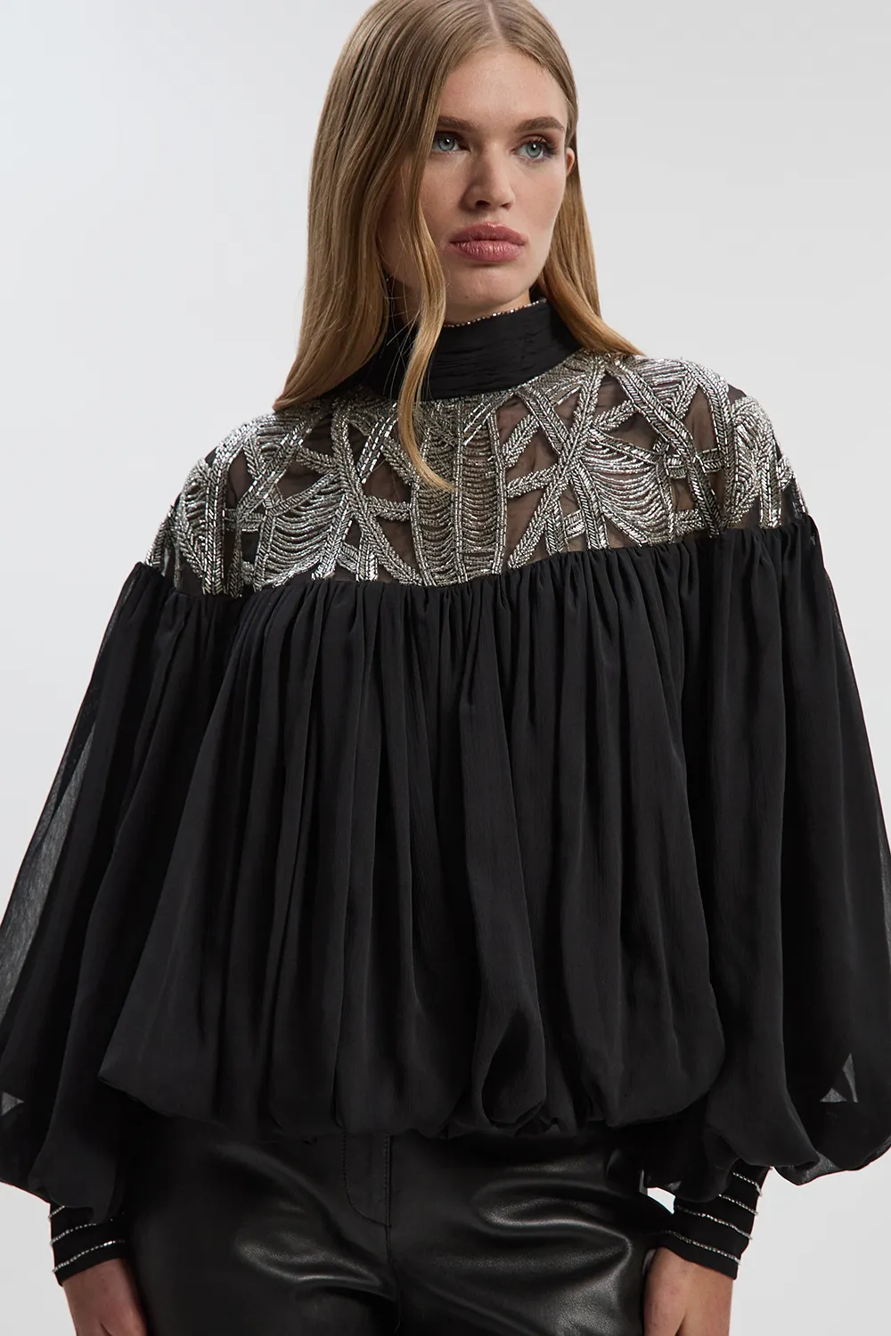 Crystal Embellished Cutwork Cape Detail Woven Drama Blouse BKK26704 3 Crystal Embellished Cutwork Cape Detail Woven Drama Blouse BKK26704
