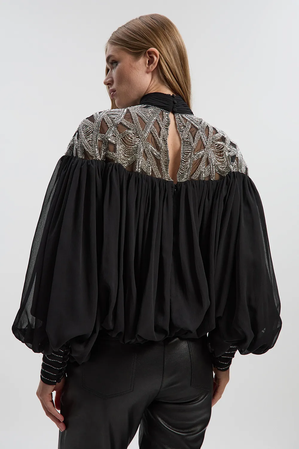 Crystal Embellished Cutwork Cape Detail Woven Drama Blouse BKK26704 5 Crystal Embellished Cutwork Cape Detail Woven Drama Blouse BKK26704