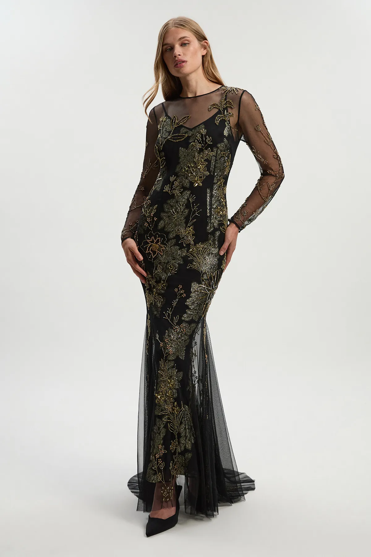 Floral Applique Embellished Metallic Georgette Woven Maxi Dress BKK26722