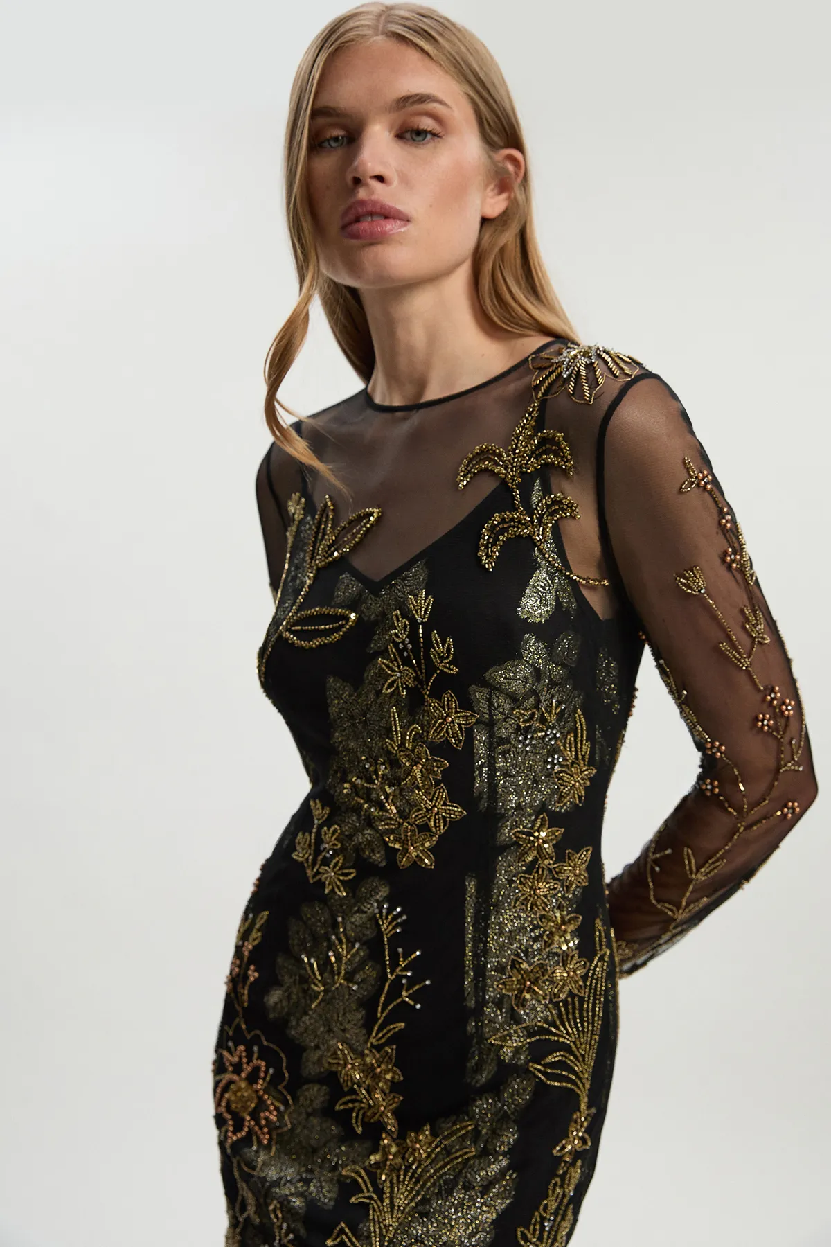 Floral Applique Embellished Metallic Georgette Woven Maxi Dress BKK26722