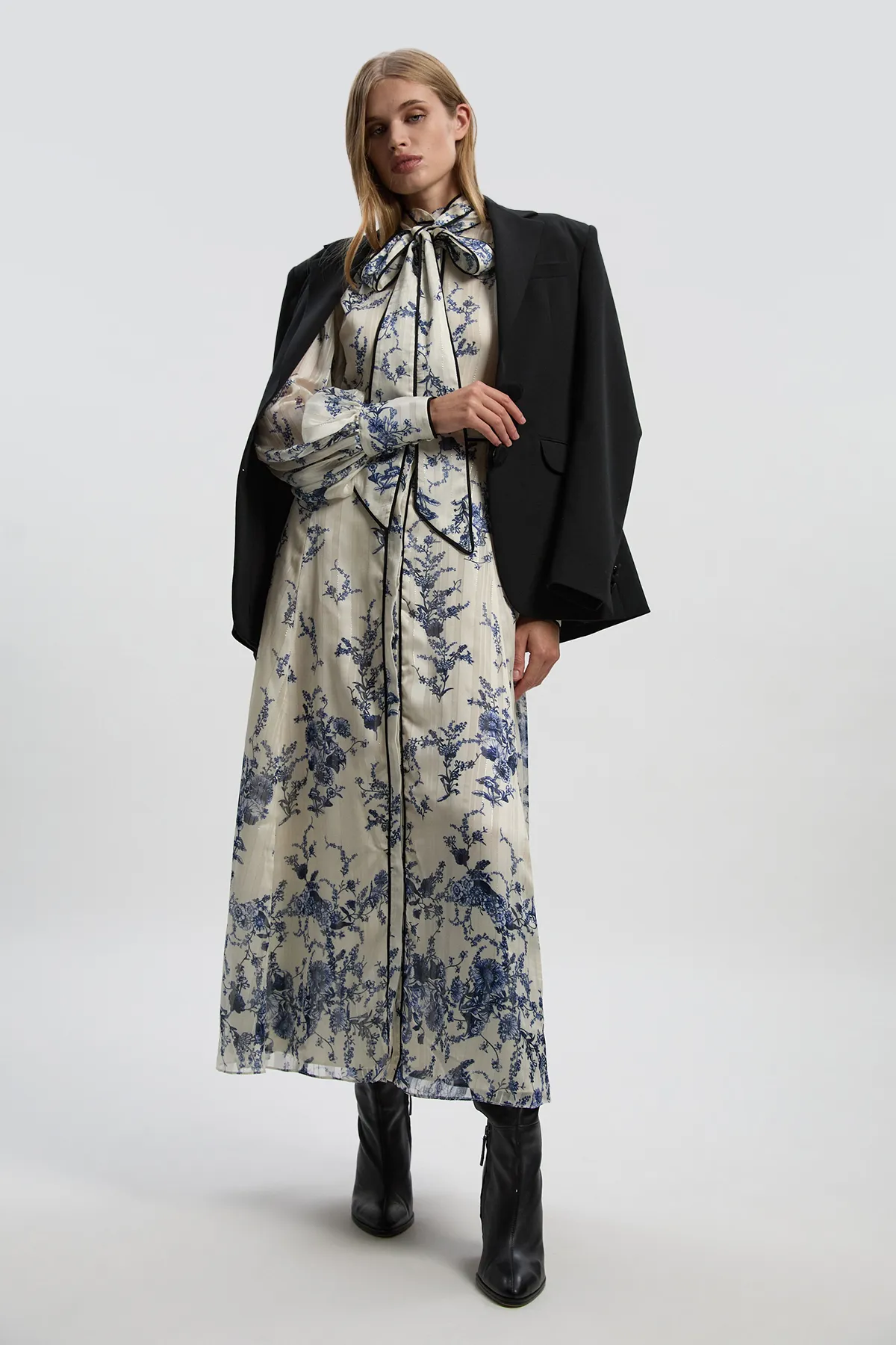 Floral Print Tie Neck Woven Balloon Sleeve Midaxi Dress BKK26771