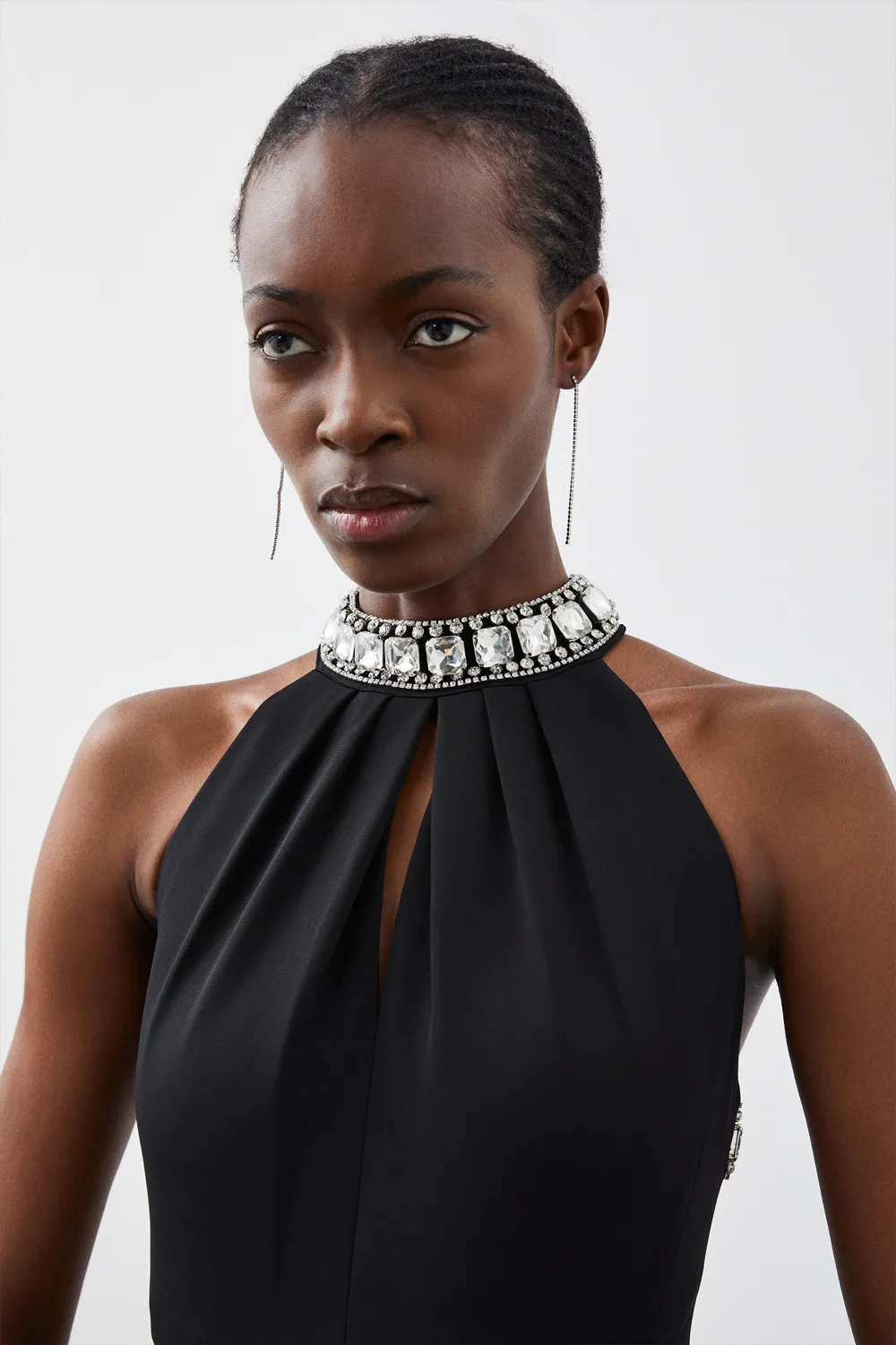 Petite Crystal Embellished Halter Woven Maxi Dress BKK26797