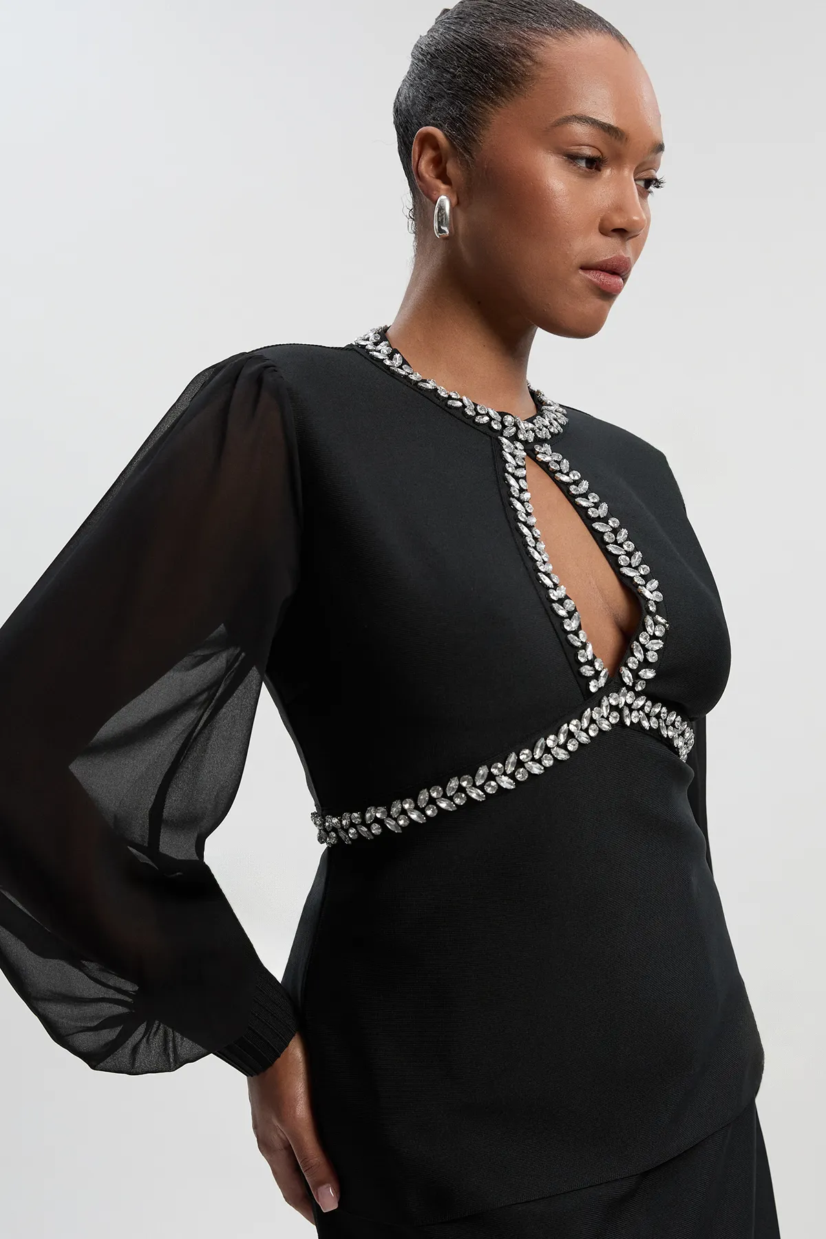 Plus Size Bandage Embellished And Chiffon Sleeve Figure Form Knit Top BKK26800