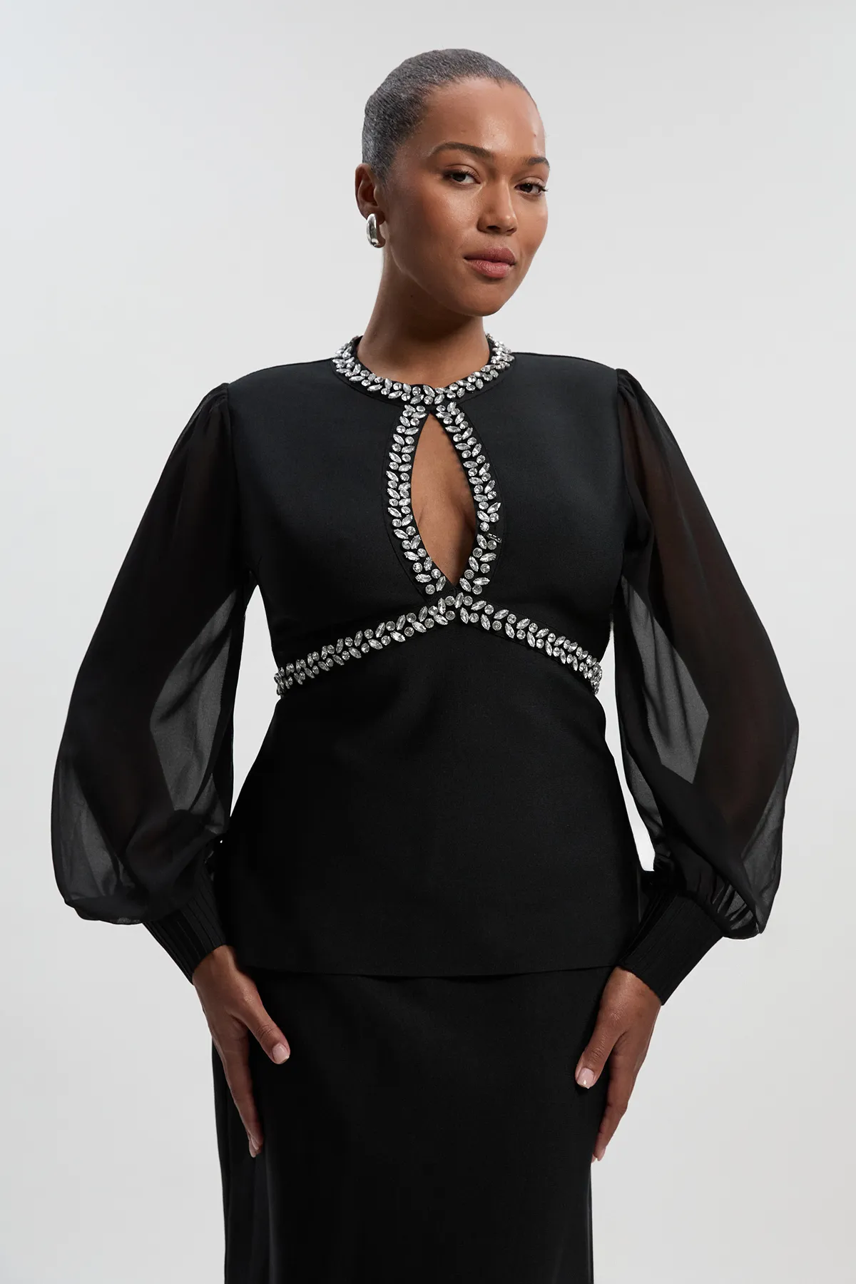 Plus Size Bandage Embellished And Chiffon Sleeve Figure Form Knit Top BKK26800