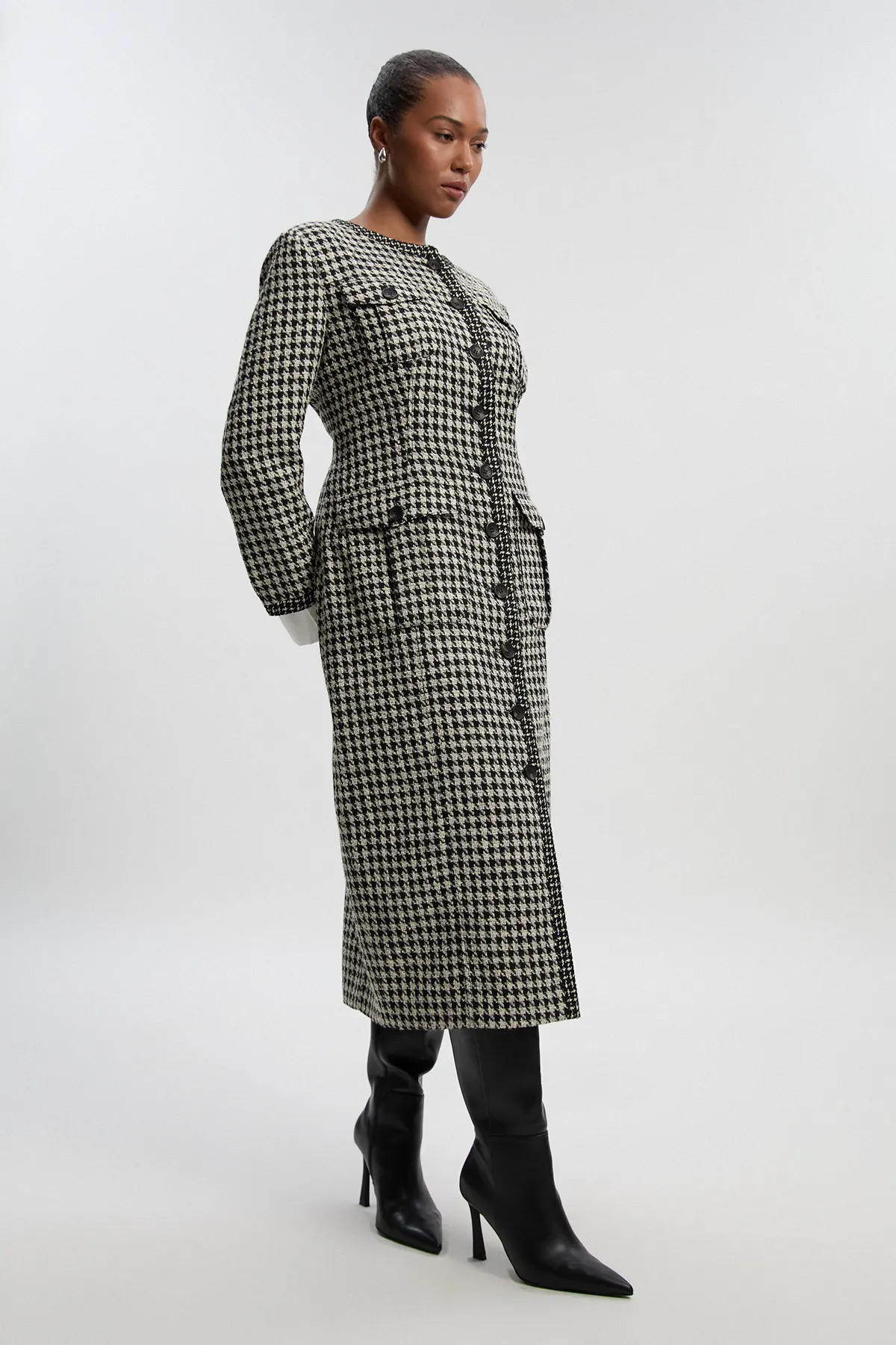 Plus Size Tailored Check Contrast Sleeve Pocket Front Midi Dress BKK26814