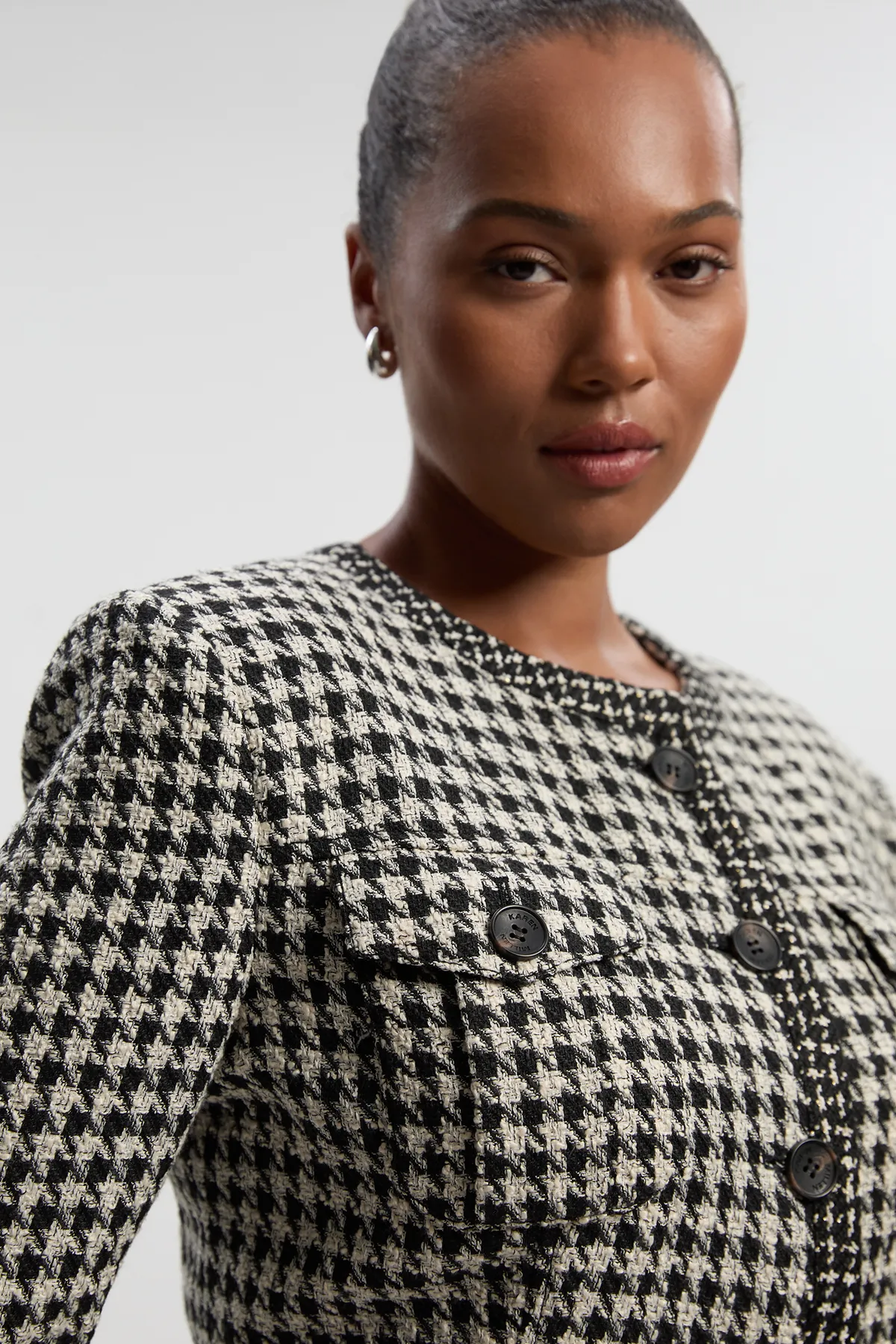 Plus Size Tailored Check Contrast Sleeve Pocket Front Midi Dress BKK26814