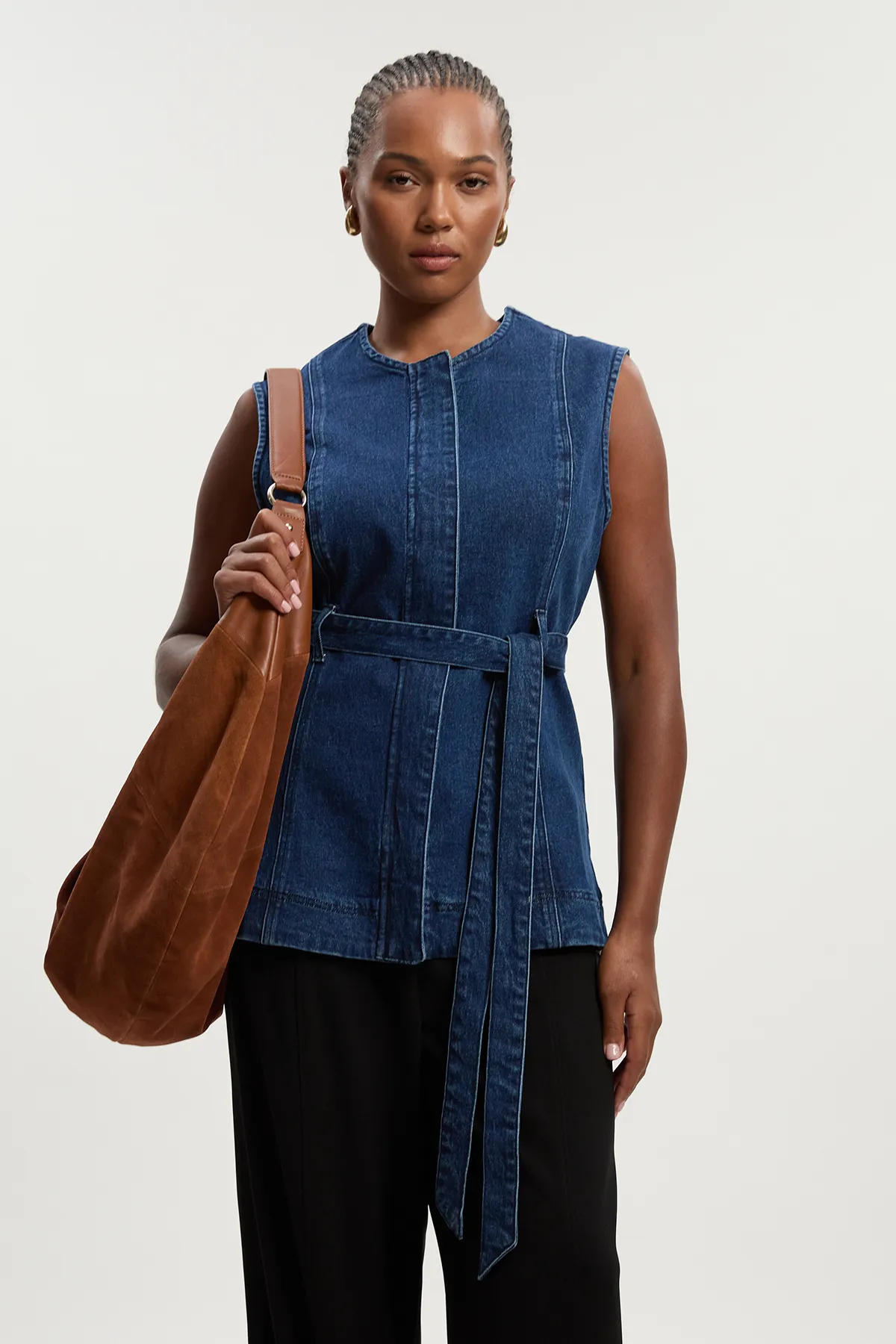 Plus Size Denim Sleeveless Belted Jacket BKK26837