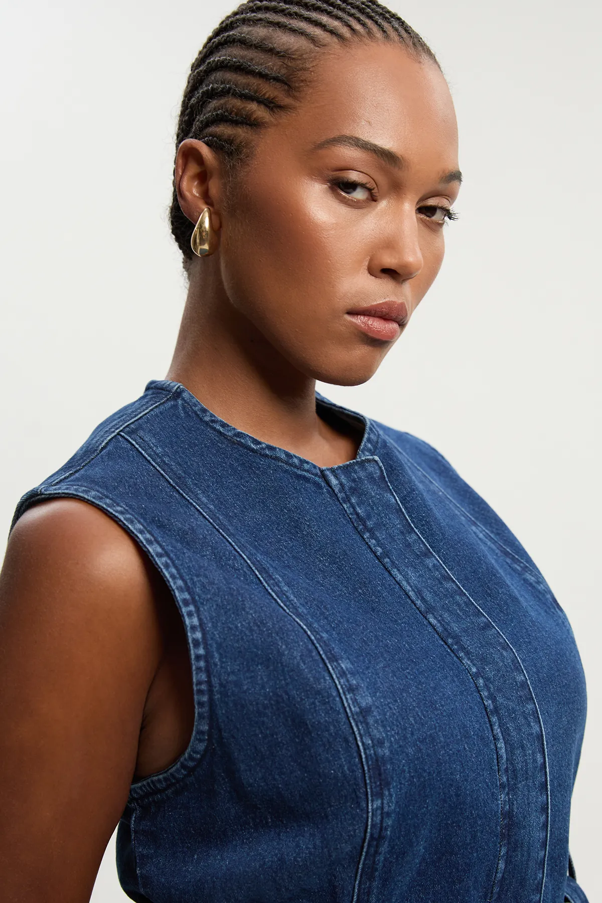 Plus Size Denim Sleeveless Belted Jacket BKK26837