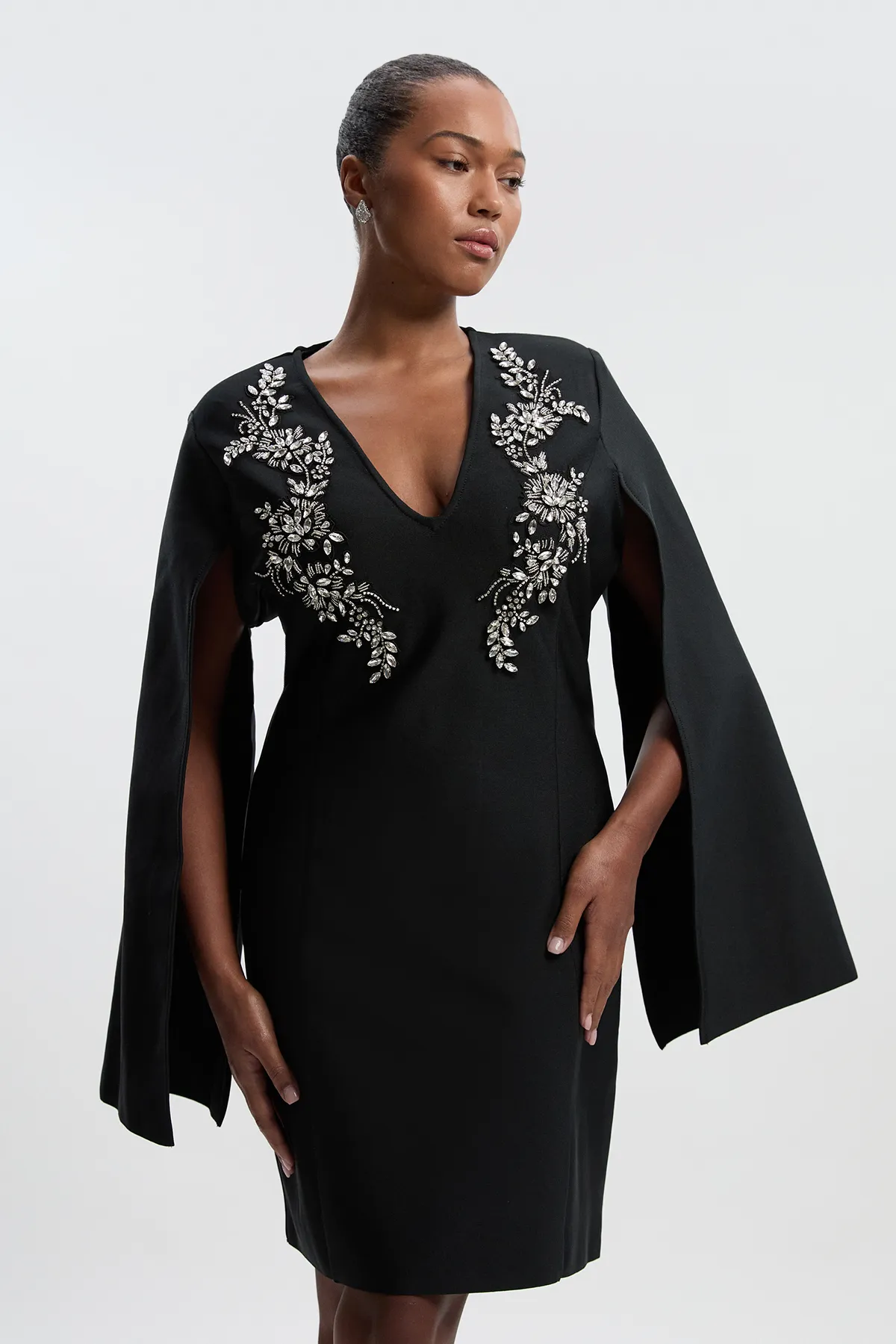 Plus Size Bandage Form Fitting Cape Sleeve Embellished Mini Dress BKK26887