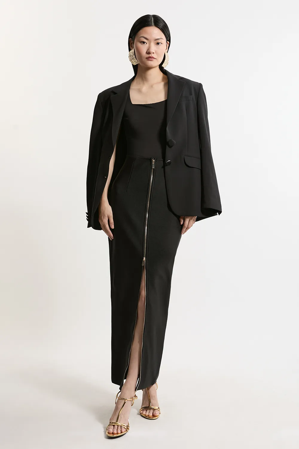 Petite Figure Form Bandage Knit High Waisted Zip Detail Maxi Skirt BKK26892