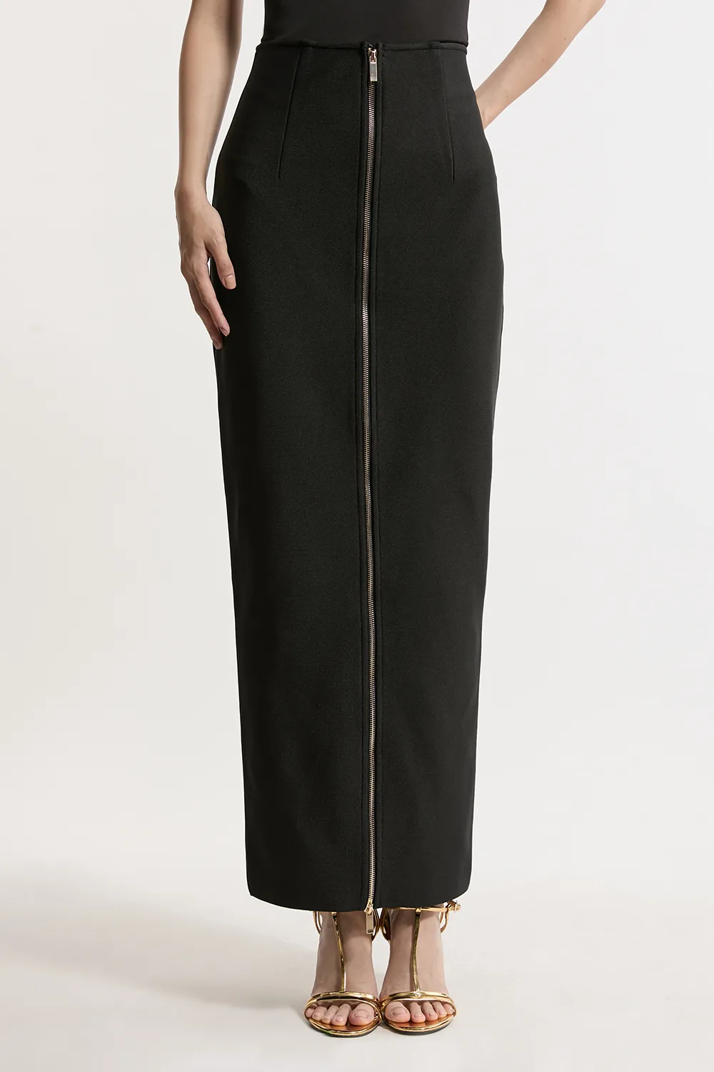 Petite Figure Form Bandage Knit High Waisted Zip Detail Maxi Skirt BKK26892