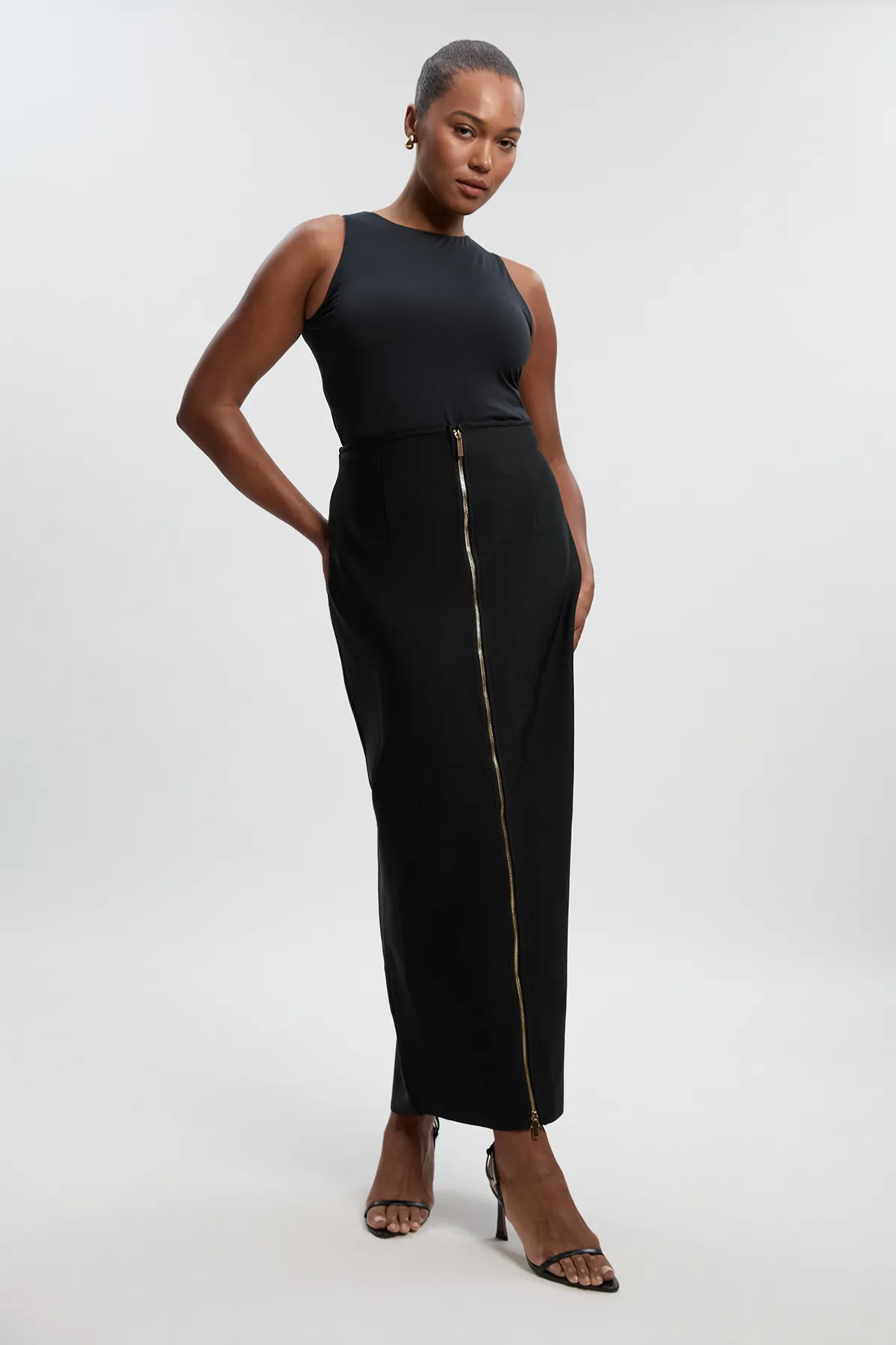 Plus Size Figure Form Bandage Knit High Waisted Zip Detail Maxi Skirt BKK26893