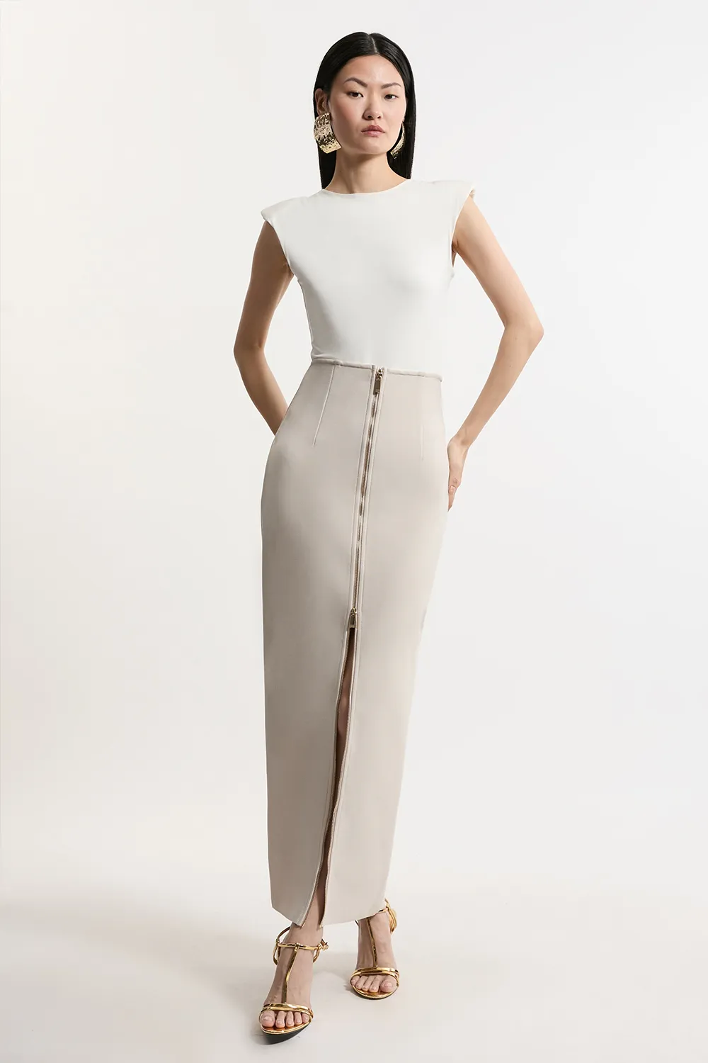 Tall Figure Form Bandage Knit High Waisted Zip Detail Maxi Skirt BKK26894