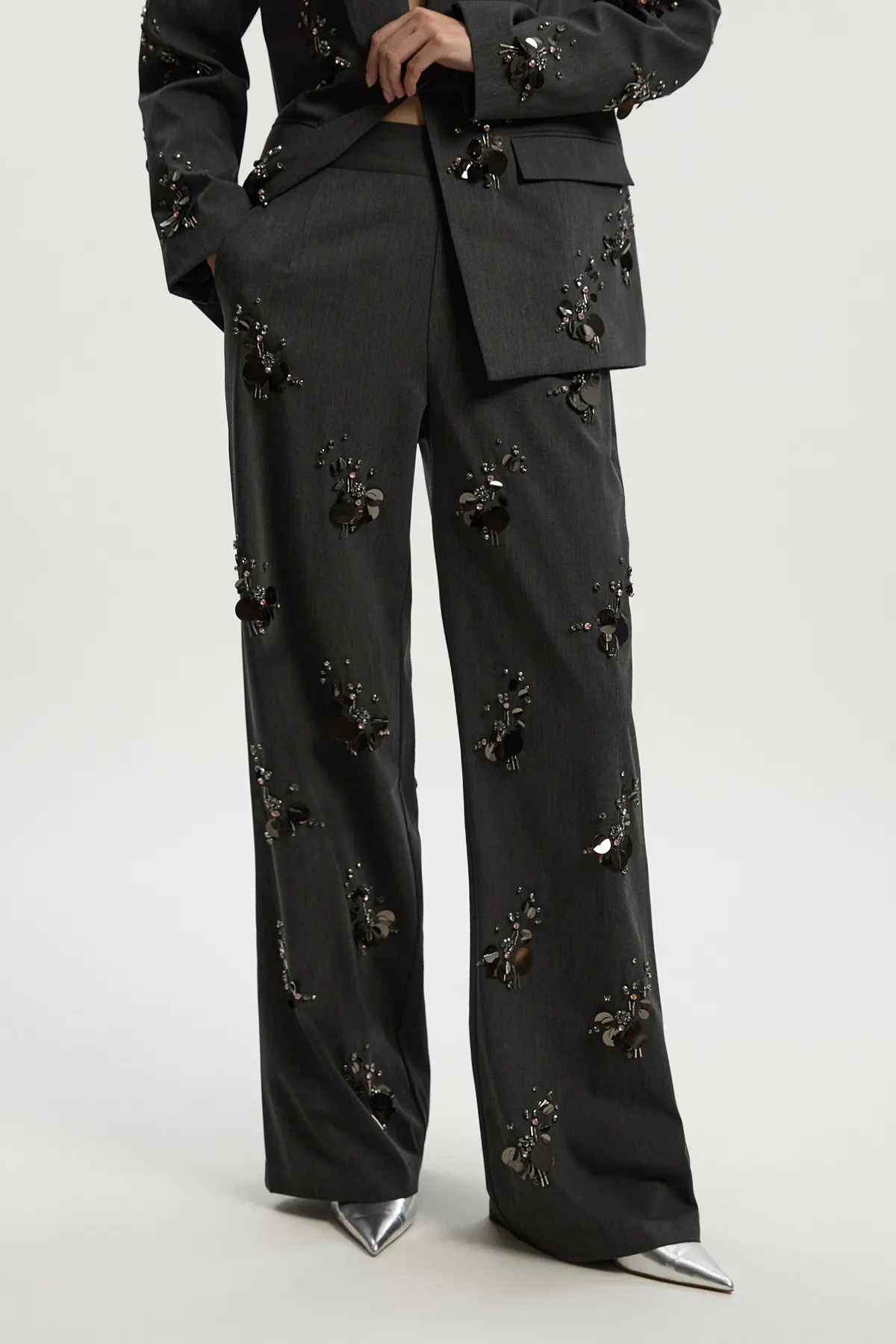 Petite Cluster Sequin & Crystal Embellished Tailored Wide Leg Trouser BKK26914