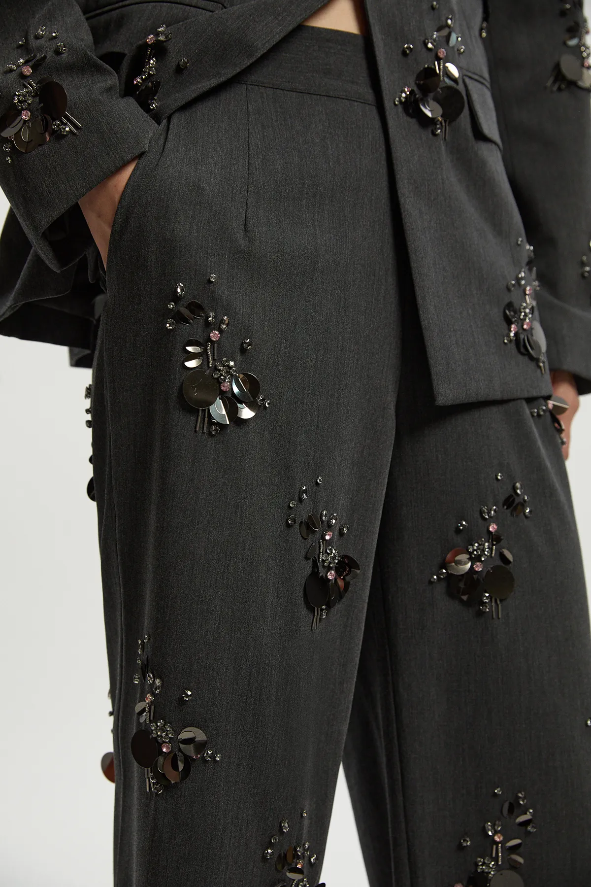Petite Cluster Sequin & Crystal Embellished Tailored Wide Leg Trouser BKK26914
