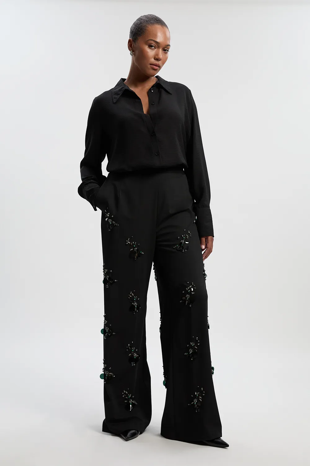 Plus Size Cluster Sequin & Crystal Embellished Tailored Wide Leg Pants BKK26925