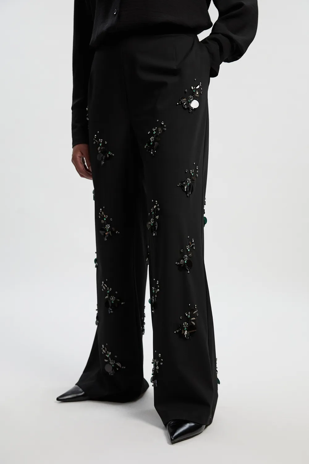 Plus Size Cluster Sequin & Crystal Embellished Tailored Wide Leg Pants BKK26925