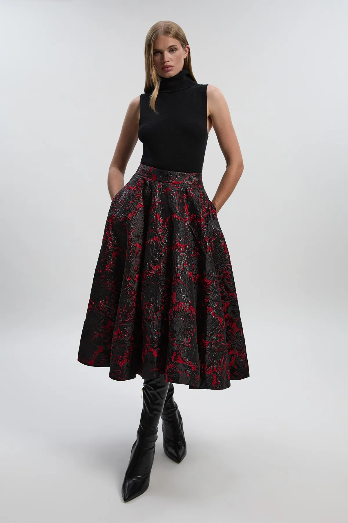 Floral Jacquard Tailored Full Prom Skirt BKK26927