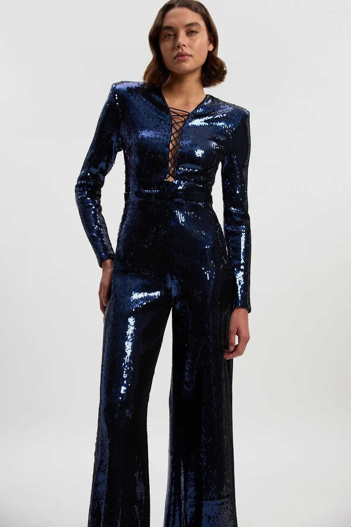 Petite Sequin Power Mesh Lace Up Detail Long Sleeve Jumpsuit BKK27001